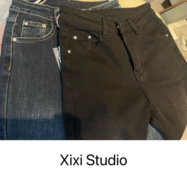 【西西】秋季百搭修身单颗扣深色洗水牛仔小脚裤