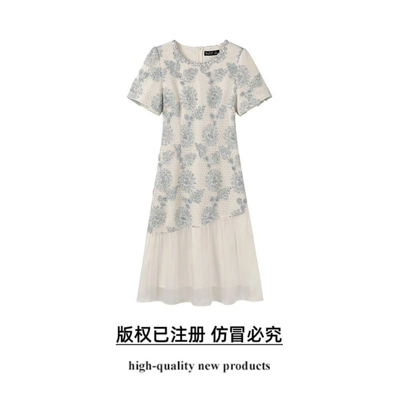 奢姿大码女装2025夏季气质简约圆领裙子胖妹妹时尚鱼尾摆连衣裙