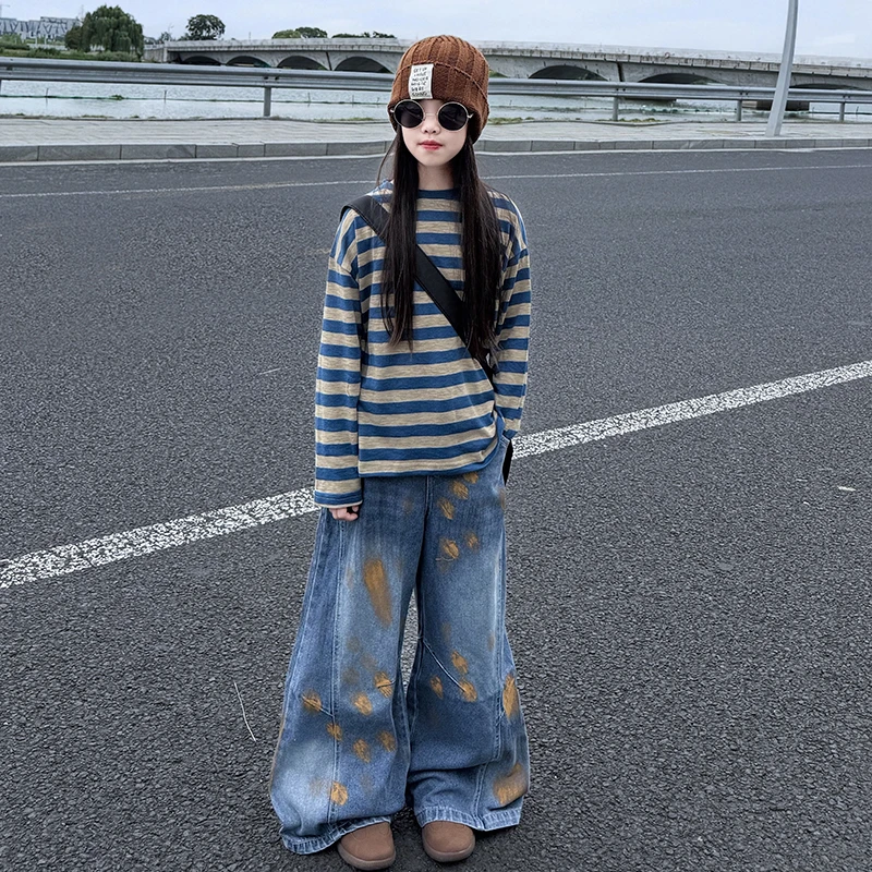 女童卫衣套装春秋款2025新款女条纹宽松上衣儿童超好看牛仔套装潮