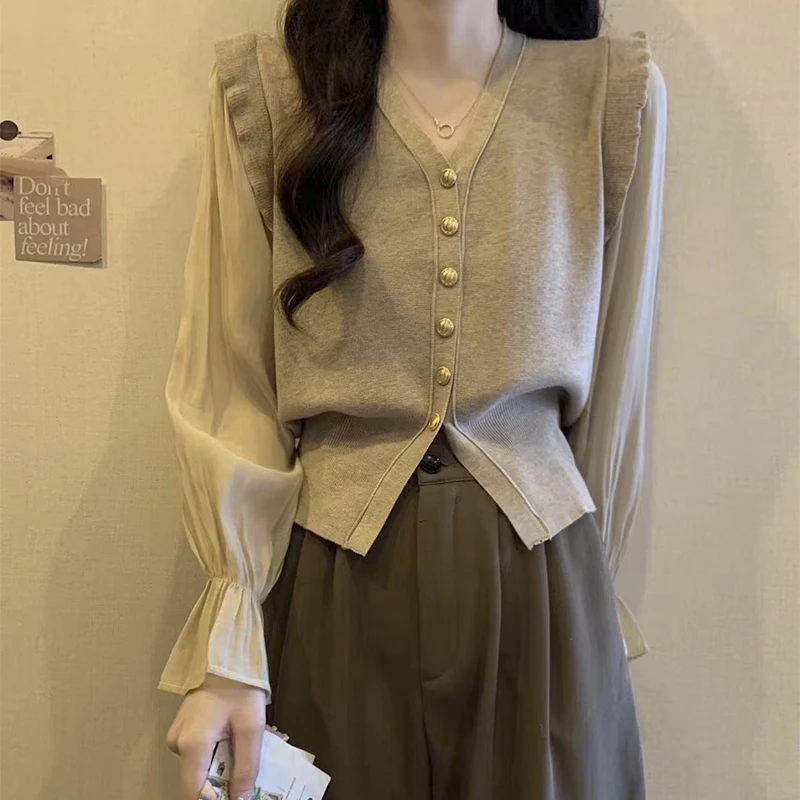 大码假两件针织开衫女秋冬胖mm遮肉显瘦百搭打底衫小香风长袖上衣