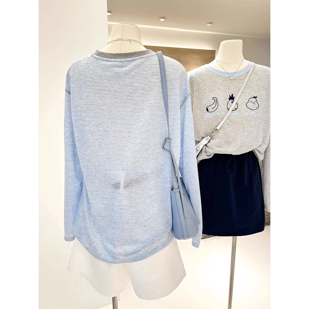 韩版百搭撞色条纹刺绣长袖T恤女夏百搭宽松轻薄透气防晒罩衫上衣