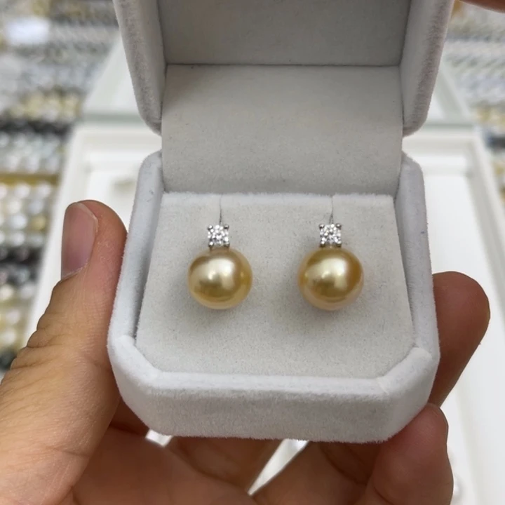 海水珍珠耳饰银S925镶嵌金珠耳饰9-10mm