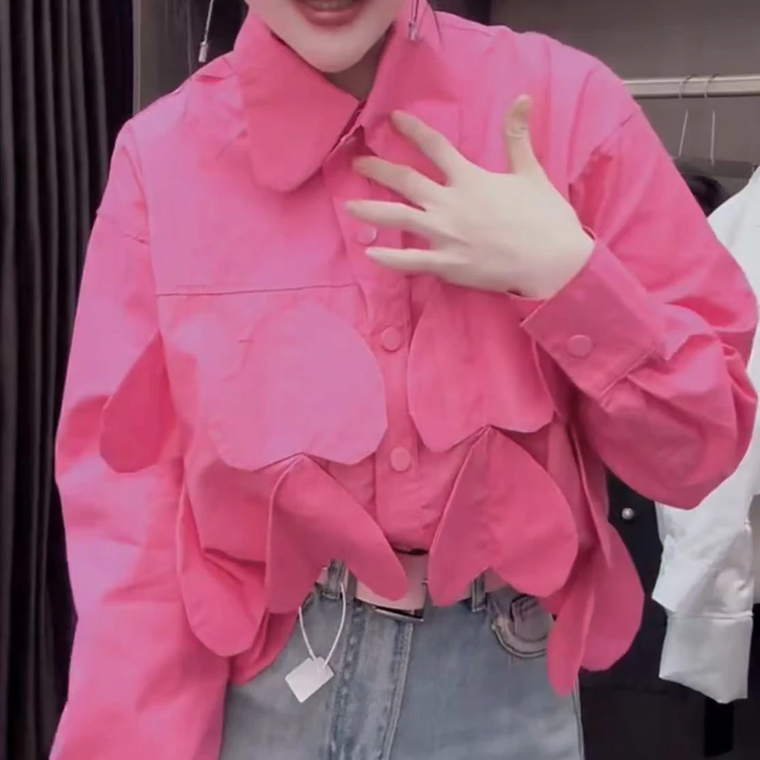 衬衫上衣翻领长袖爱心衬衣洋气时尚百搭网红春季韩版纯色气质女装