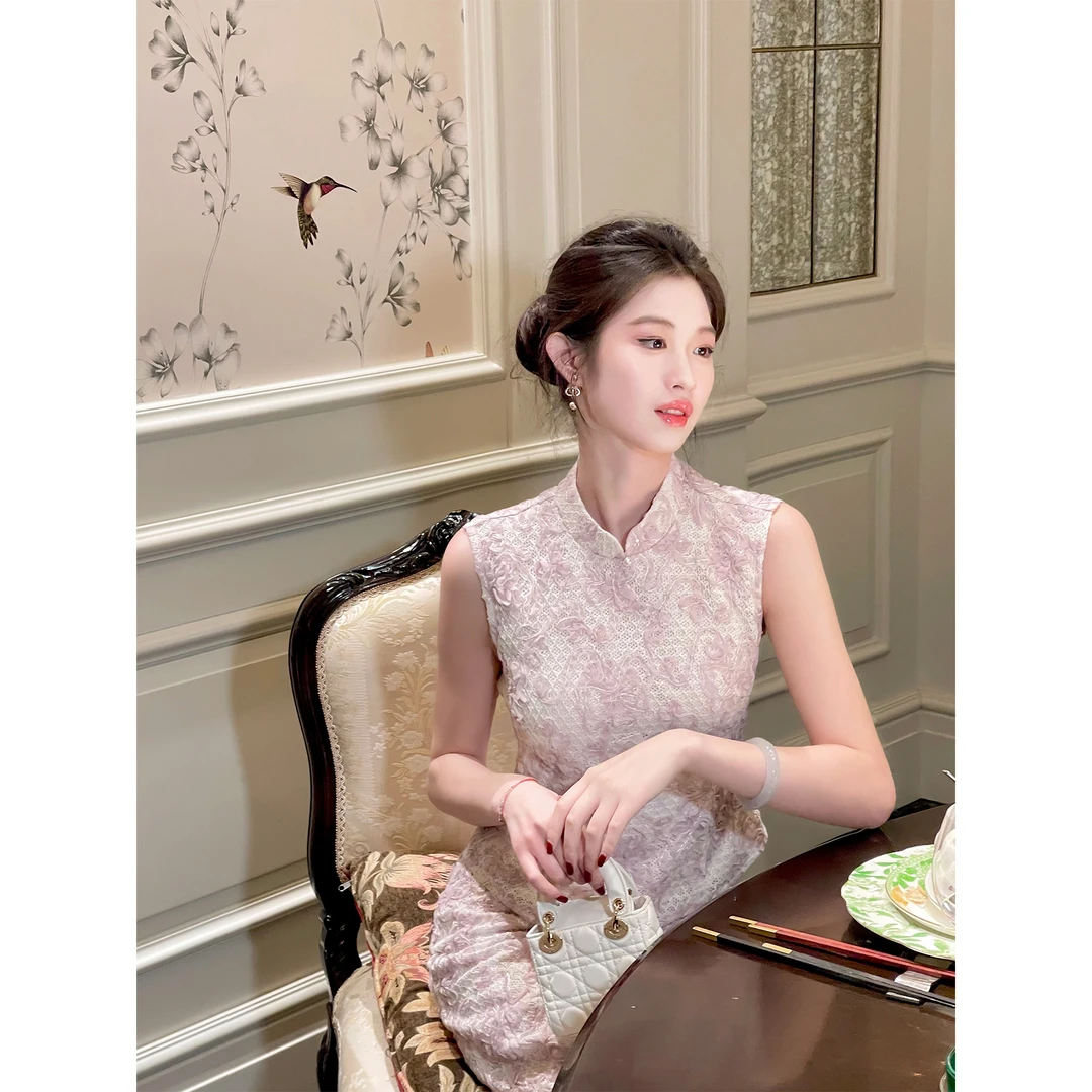 凌茜恣禾【云霓绣梦】国风新中式粉紫色无袖上衣绣花收腰半身裙套装