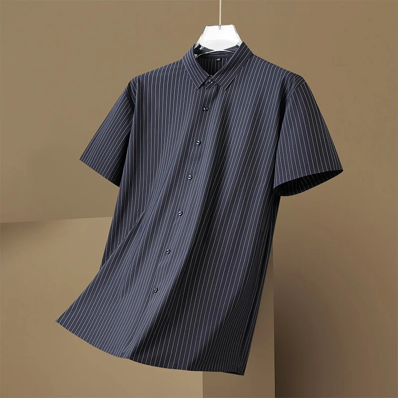大码条纹短袖衬衫男士加肥加大职业上衣夏季胖子宽松休闲弹力衬衣