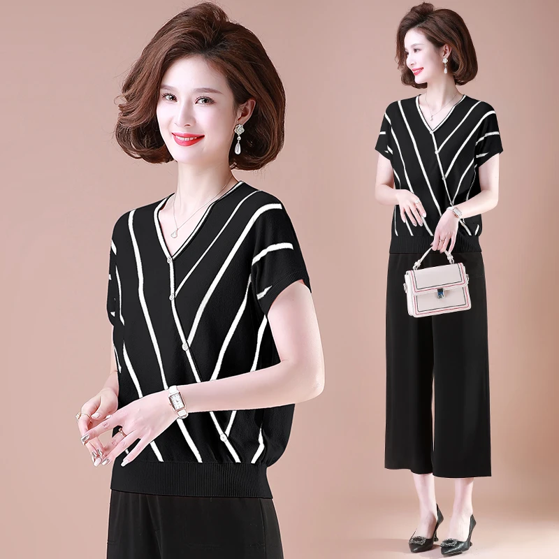 妈妈夏装短袖t恤裤子设计感条纹上衣薄宽松显瘦两件套