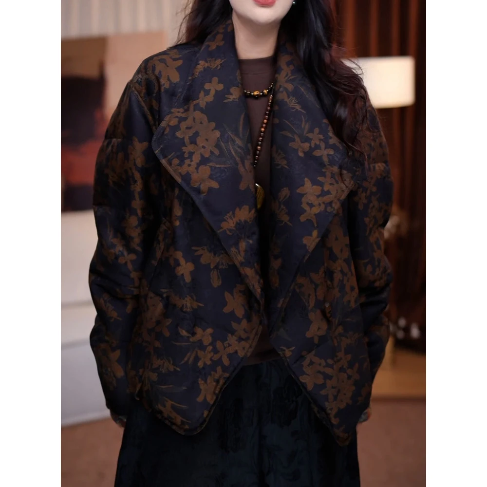 复古小众文艺风印花长袖棉服女2025冬季新款时尚洋气保暖加厚外套