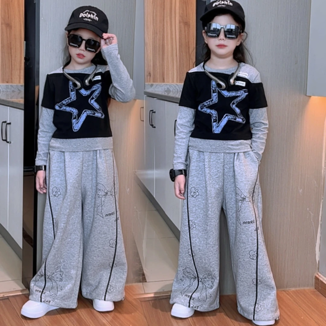 女童秋装套装中大童洋气女孩春秋款时尚假两件长袖T恤卫裤两件套