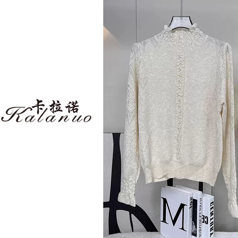 【卡拉诺】2025新款欧洲站木耳边半领竖排钉珠提花针织衫6331