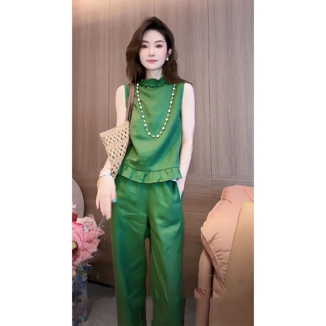 春季搭配一整套又a又飒高级感小香风绿色亚麻棉麻衬衫职业套装裤