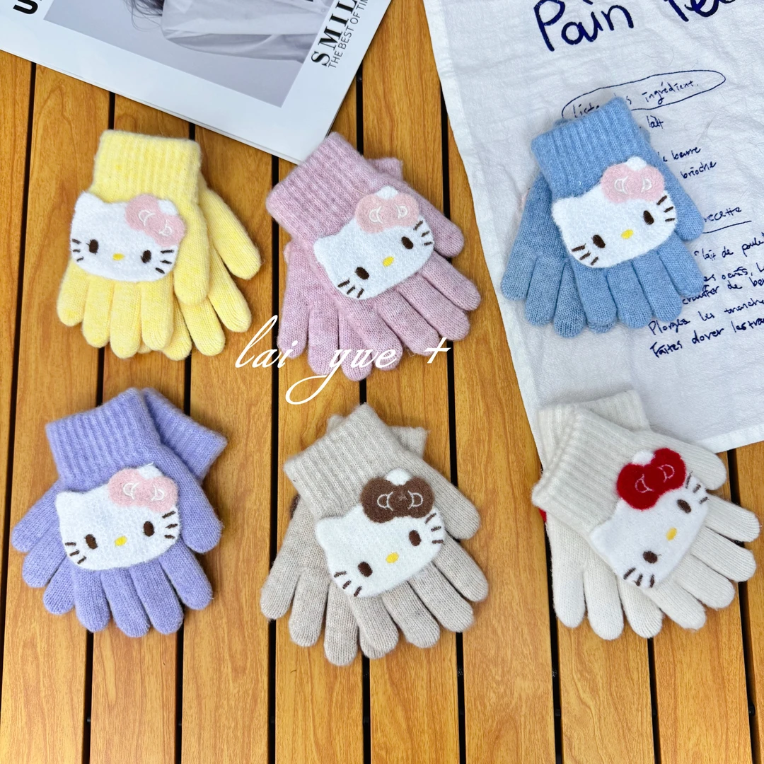 韩系儿童针织手套冬季百搭纯色KT保暖手套外出防风