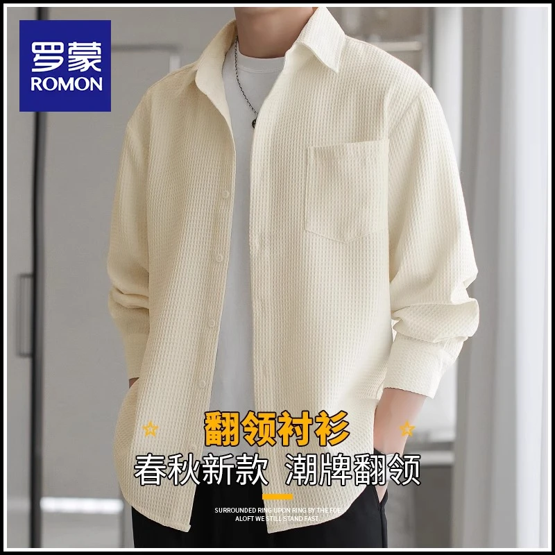 罗蒙男士春秋季华夫格翻领长袖衬衫2024新款户外工装衬衣休闲外套