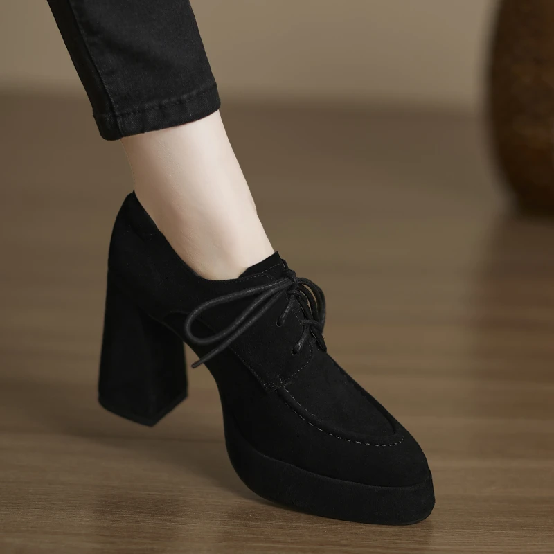 小个子手工女鞋9.5cm~新款羊猄皮深口单鞋黑色小皮鞋防水台高跟鞋