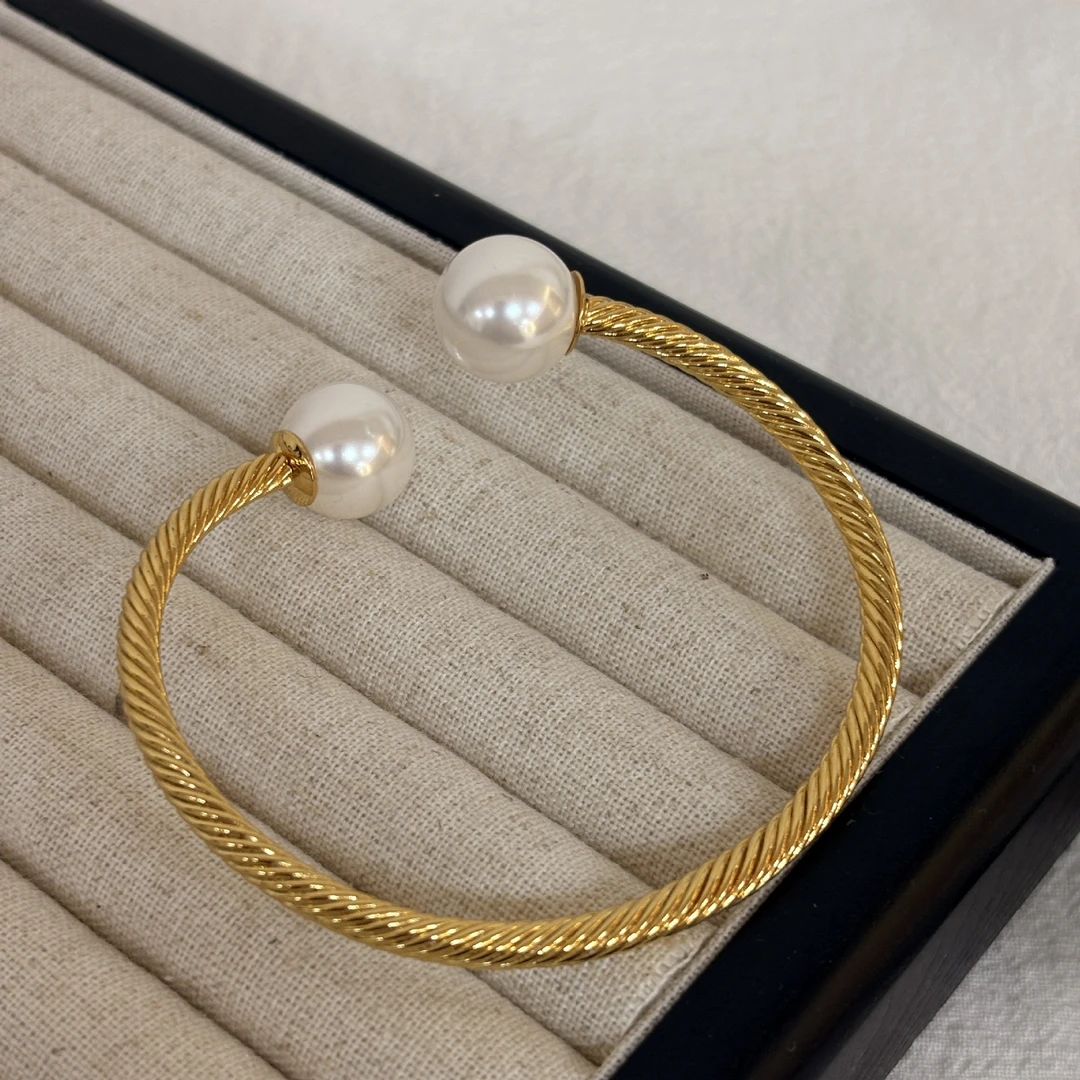 铜合金仿珍珠手镯 开口扭线手镯缠绕手环冷淡风简约气质高级感