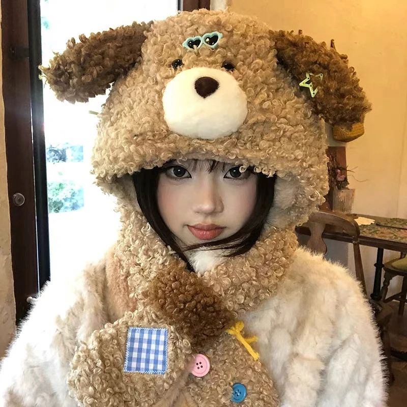 【吐司】耳朵会动~萌系小狗毛绒帽围巾一体卡通可爱百搭保暖雷锋帽