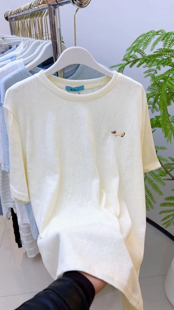 慵懒风简约刺绣狗条纹短袖（811-25）