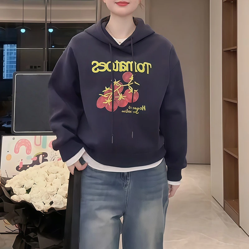 番茄印花连帽卫衣女士秋冬2025年新款韩版中长款宽松圆领套头上衣