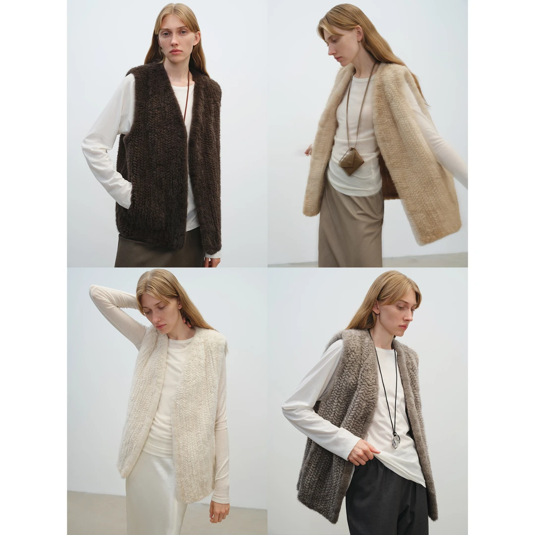 MSBEAST麦穗黄昏 进口天鹅绒水貂麦穗编织V领貂皮皮草女马甲外套