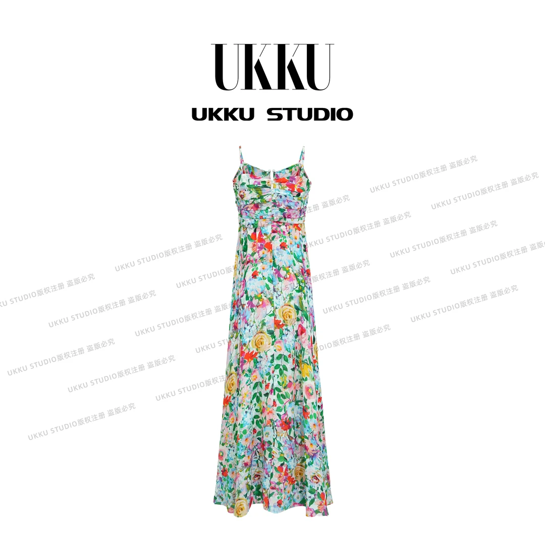 牛【UKKU STUDIO】轻奢设计师收腰碎花吊带新热带雨林连衣裙914150