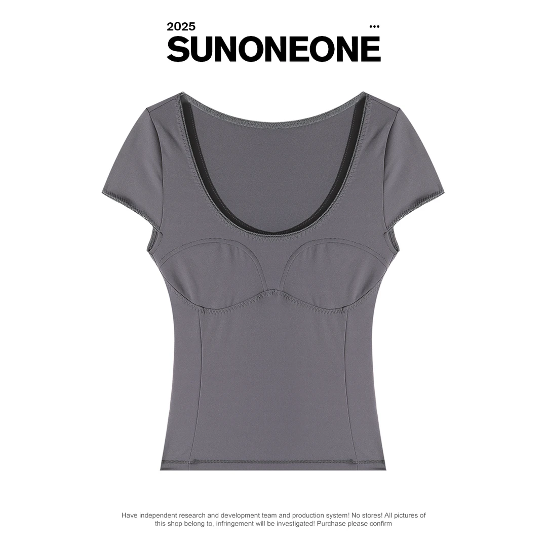 SUNONEONE 三角针圆领短袖T恤女夏季时尚气质显瘦修身上衣H1182T