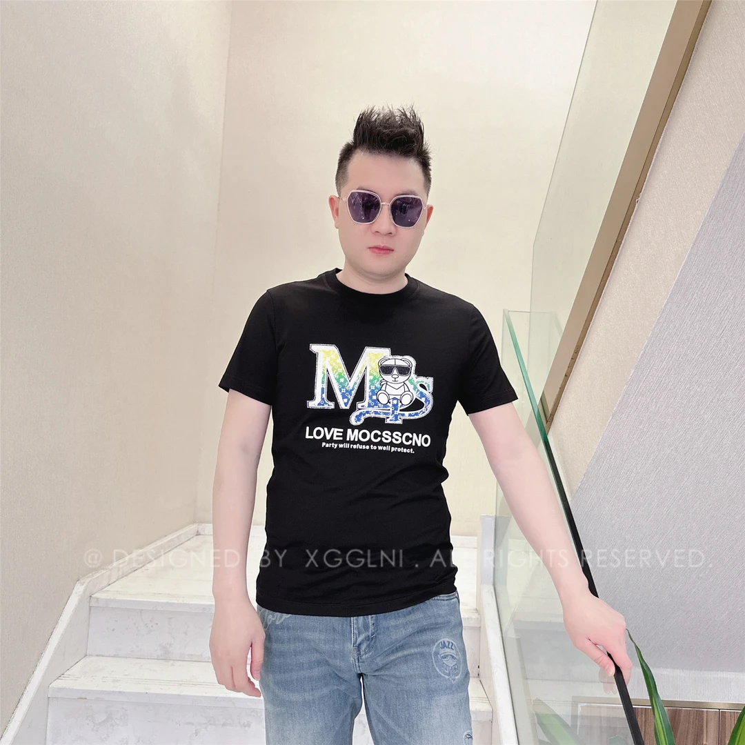 夏季款MOCSS黄绿蓝拼色字母男士品质高端轻奢洋气上档次短袖t恤潮