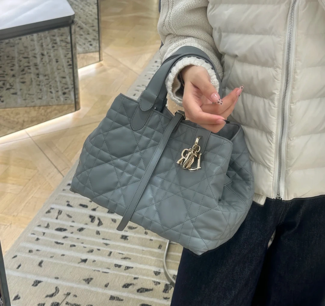 99新 DIOR/迪奥 9062 灰金藤格纹土著手提包中号23