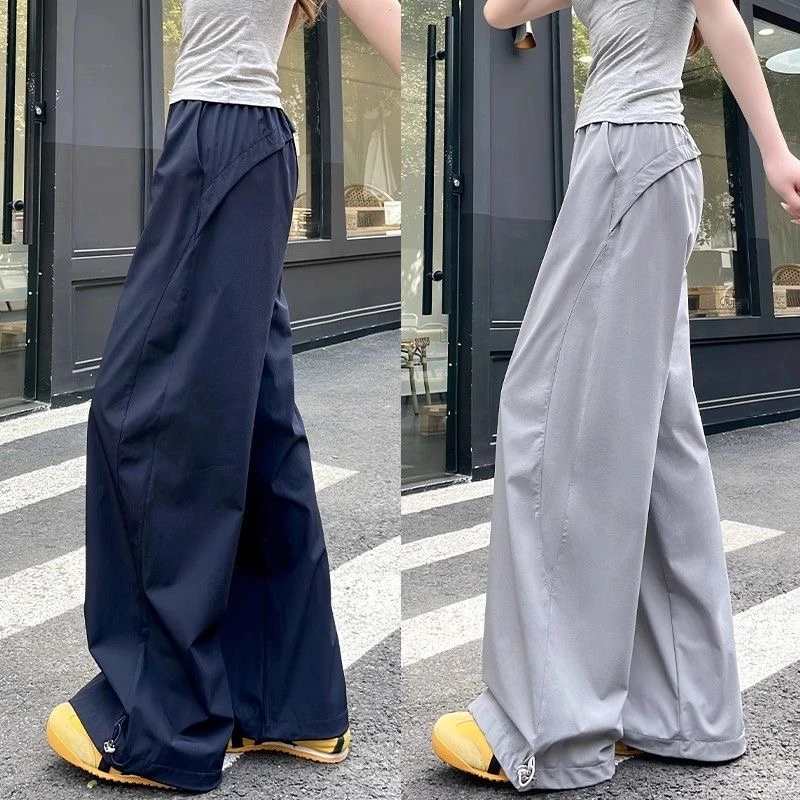 藏青色工装裤女夏季2025新款美式休闲直筒小个子速干运动阔腿裤