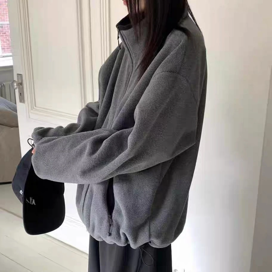 现韩国东大门代购OBJECT女2025秋季简约立领拉链摇粒绒宽松短外套