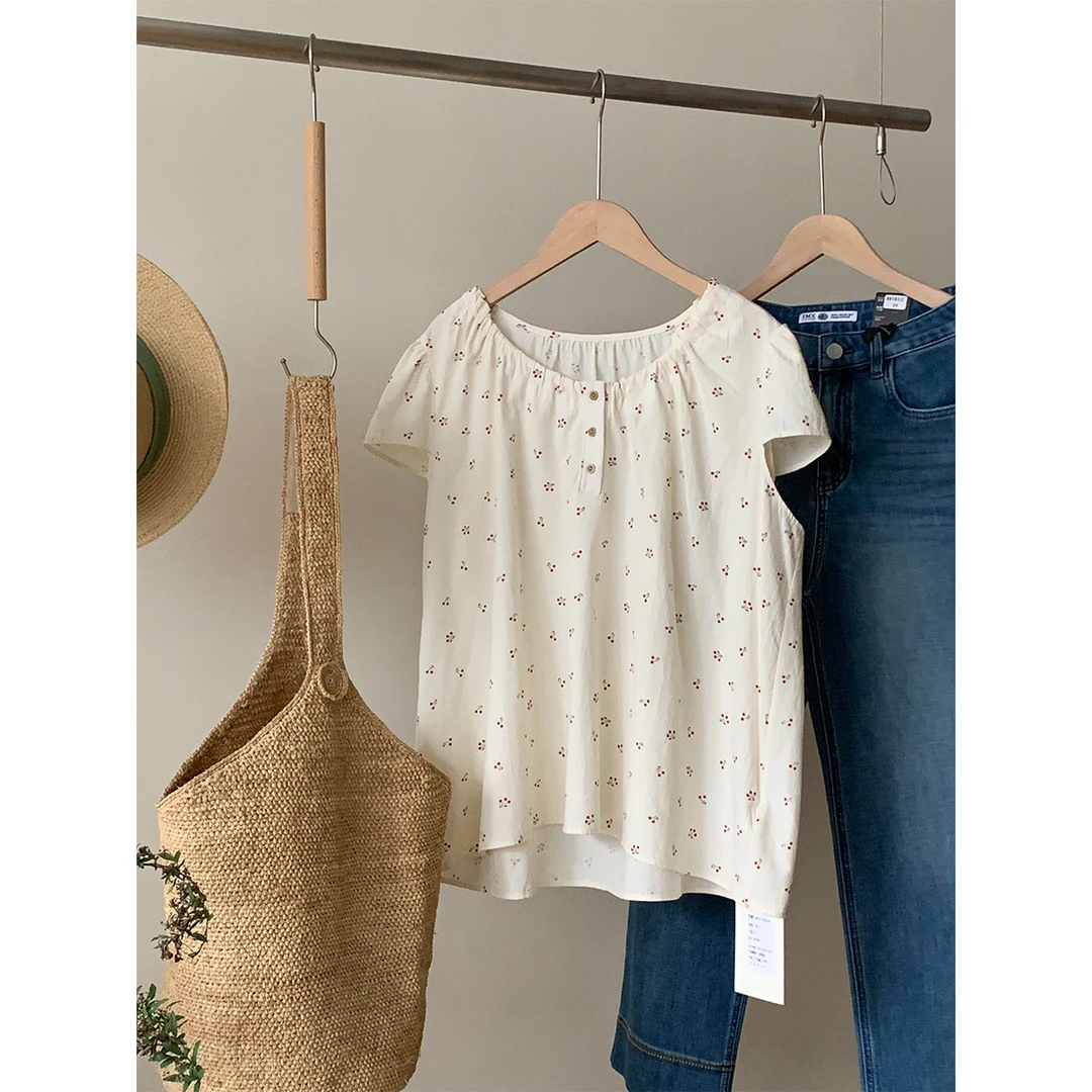 超好看~【樱桃海】清新减龄感娃娃衫宽松小飞袖碎花衬衫25年夏季