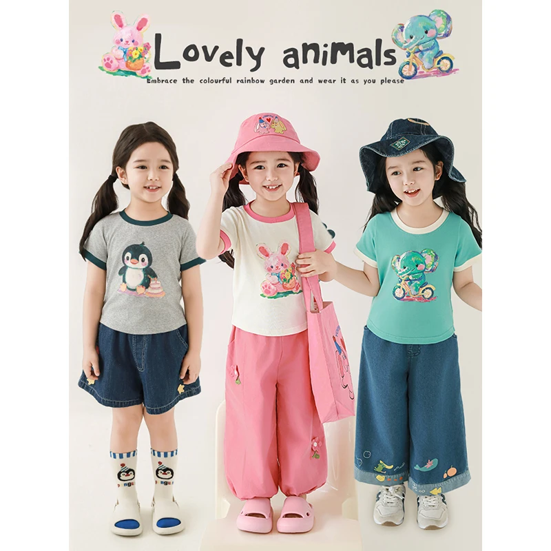 YOEHYAUL/幼悠【油画森林】夏叁波休闲洋气女童三色印花T恤潮 X5193