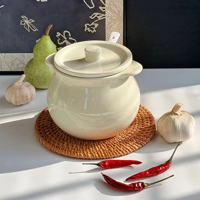 奶油色   陶瓷猪油罐700毫升家用调味罐油泼辣子罐猪油罐