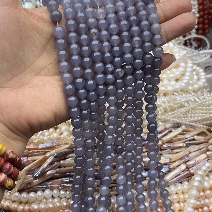 玛瑙/玉髓未镶嵌珠宝半成品2条8mm烟紫和田玉几颗有瑕