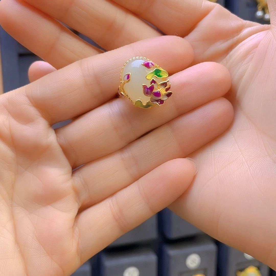 和田玉戒指银S925镀金镶嵌