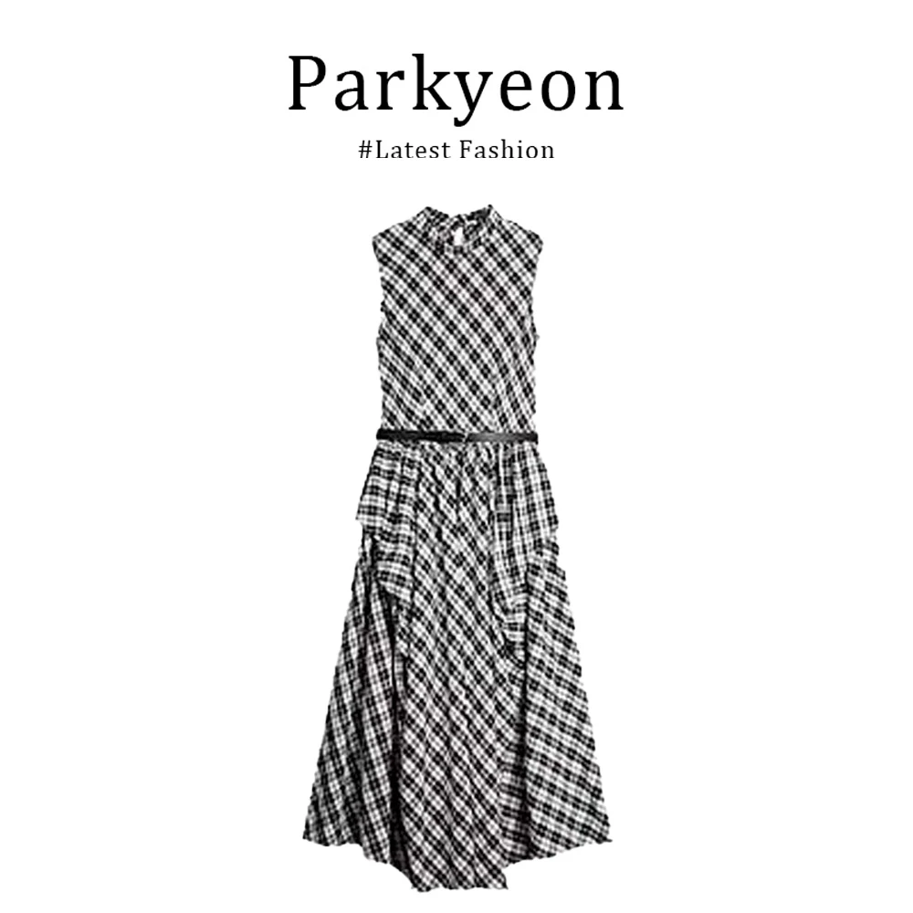parkyeon法式格纹系带收腰连衣裙2025夏优雅高级感宽松大裙摆长裙