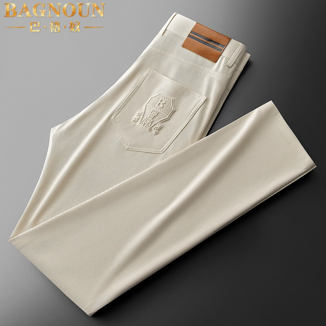 巴格奴休闲裤男士夏季新款时尚冰丝肌理斜纹商务通勤修身直筒长裤