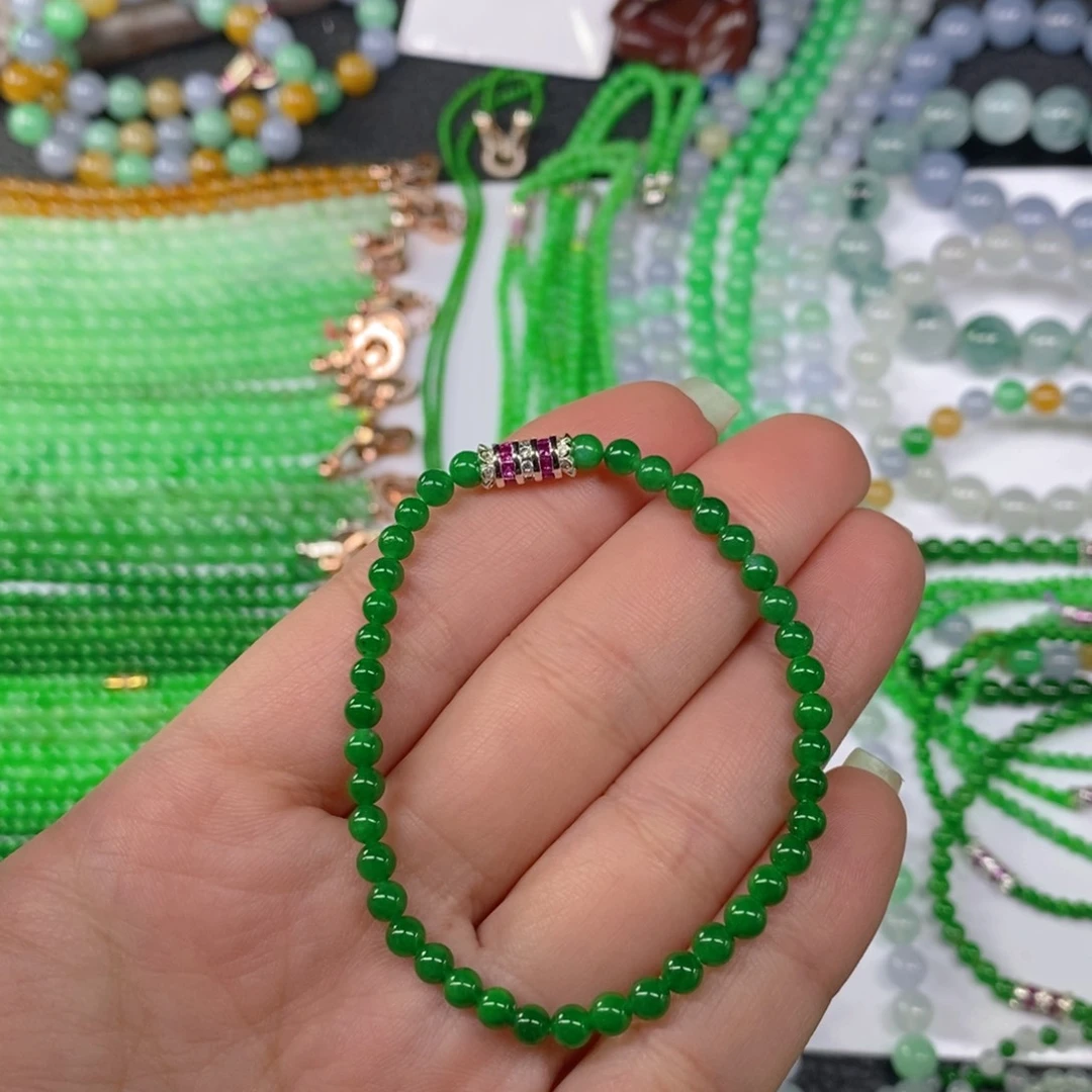 颈饰未镶嵌翡翠缅甸天然翡翠浓阳绿小米珠手链4