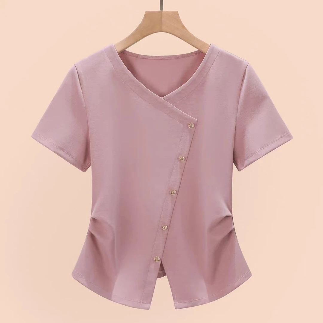 小香风白色掐腰上衣2025夏季新款设计感小众品质v领短袖T恤女