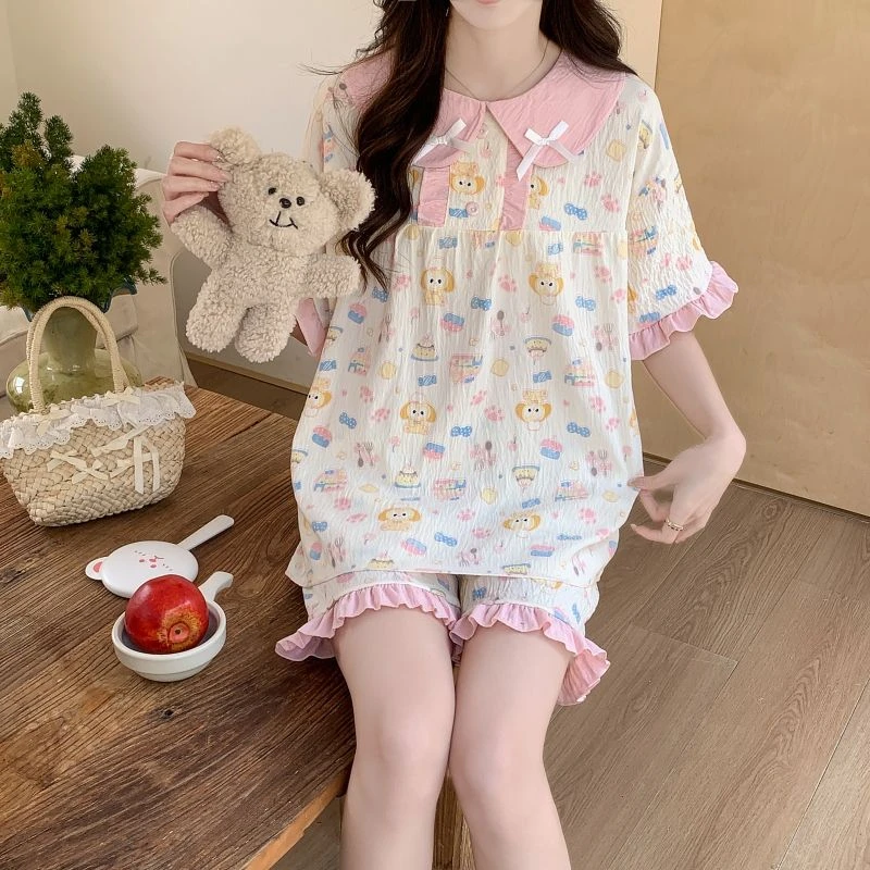 娃娃领厨师饼饼可琦安睡衣女春夏季云朵棉可爱卡通家居服ins套装