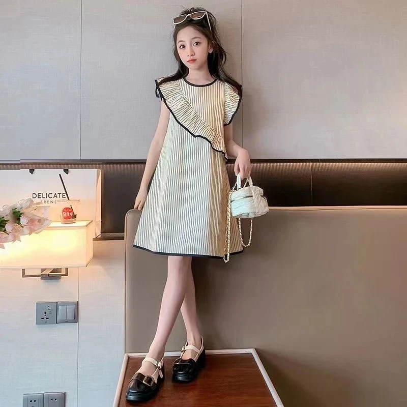 女童连衣裙2025新款儿童气质洋气条纹裙子中大童夏季时尚公主裙