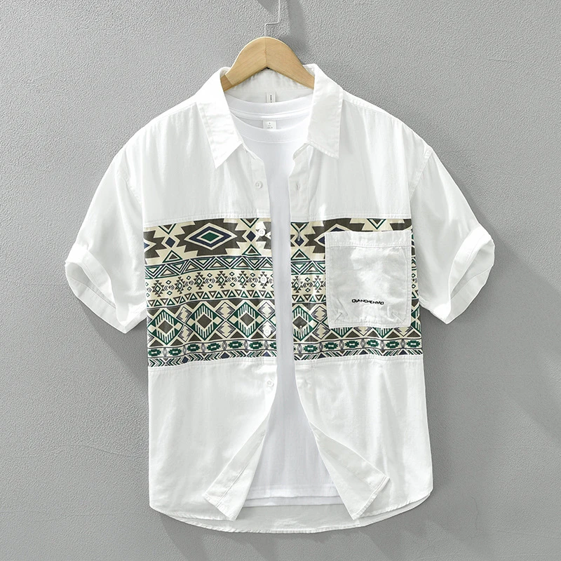 新款时尚日系清新印花短袖衬衫男士百搭休闲文艺宽松青年痞帅衬衣