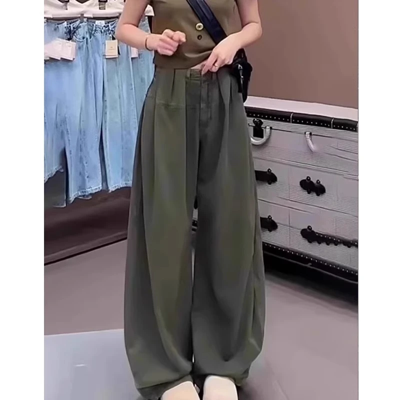 美式军绿色褶皱工装裤女2025年新款大码薄款高腰宽松垂感阔腿裤女