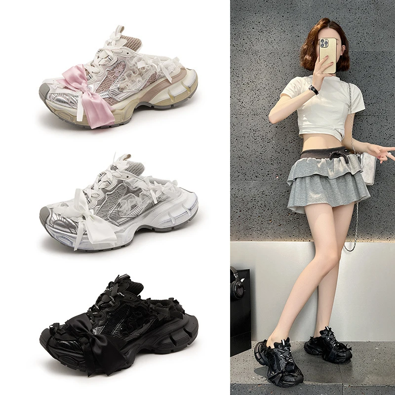 巴黎家蕾丝蝴蝶结半拖厚底夏季增高老爹鞋女网面透气休闲运动鞋潮