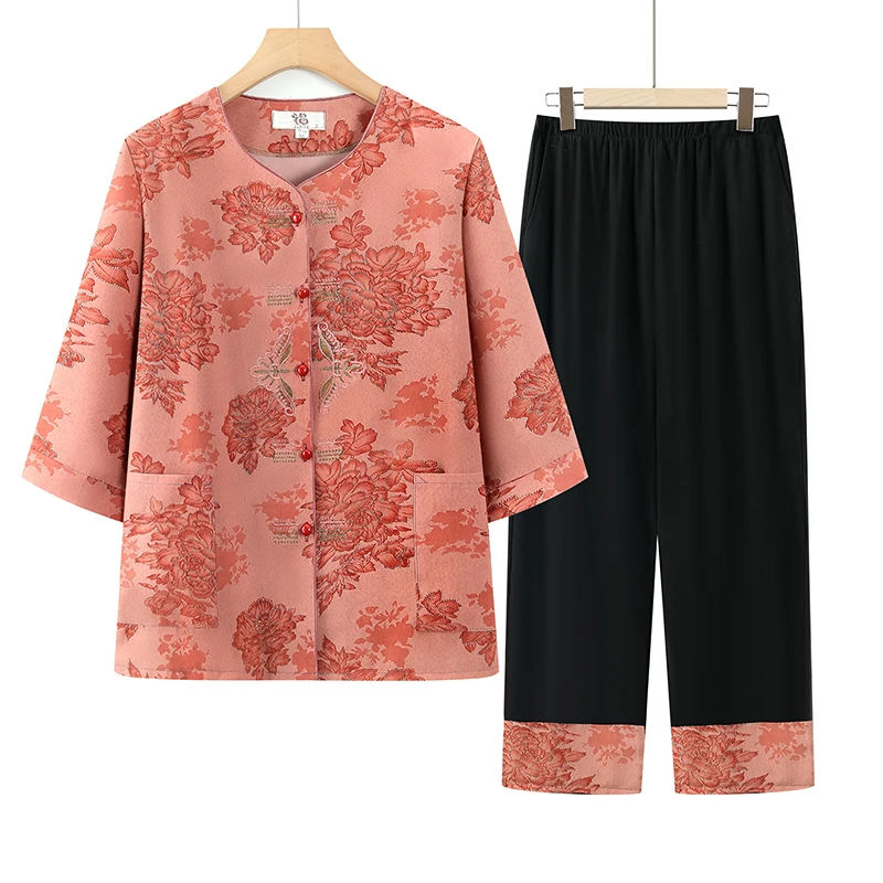 奶奶装夏装中国风衬衫中老年人衣服女洋气妈妈七分袖薄款上衣套装