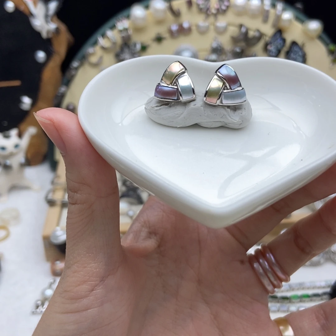 画框淡水珍珠银S925镶嵌三彩耳钉