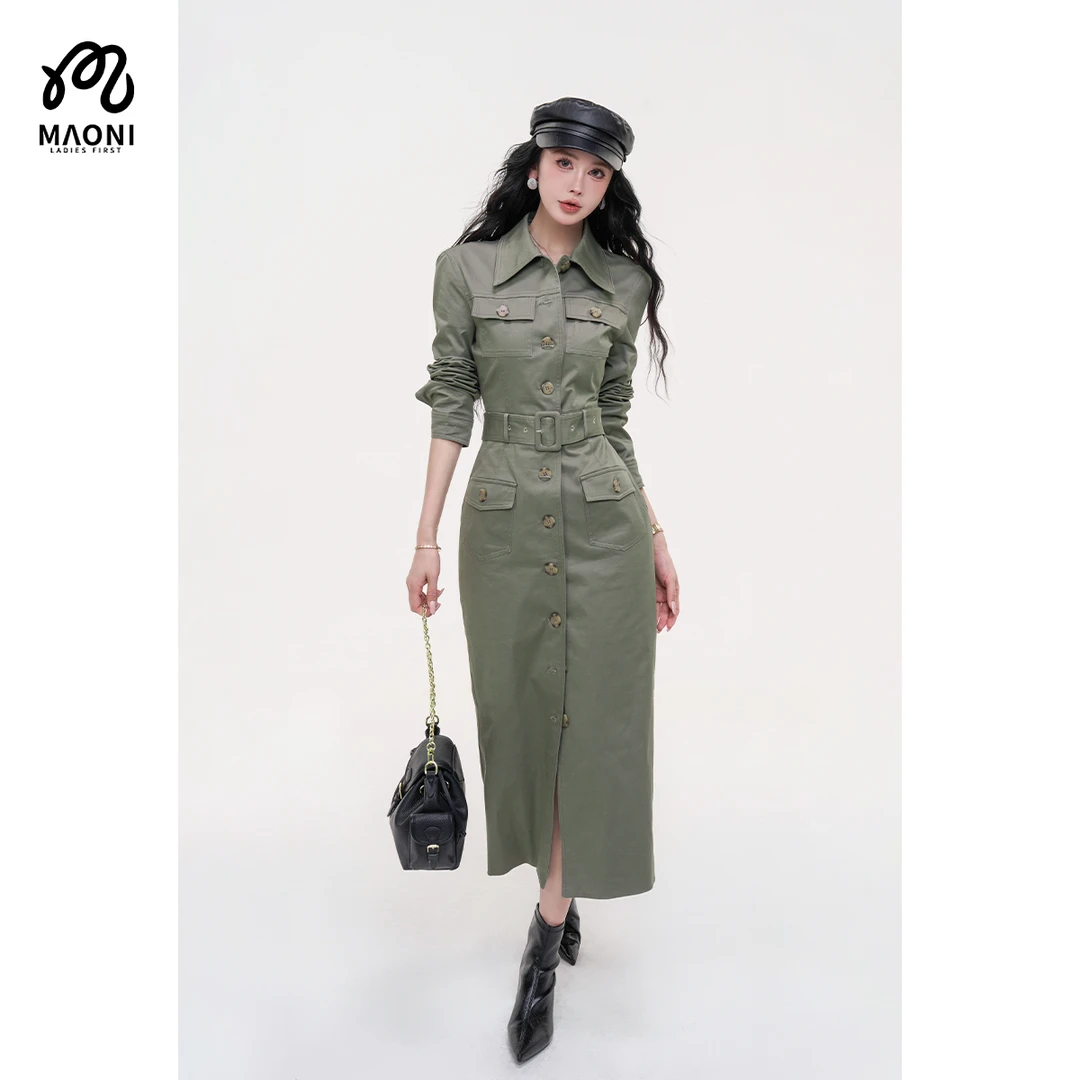 毛妮LADIESFIRST【智性美人】韩系工装风长款连衣裙配腰带L2388