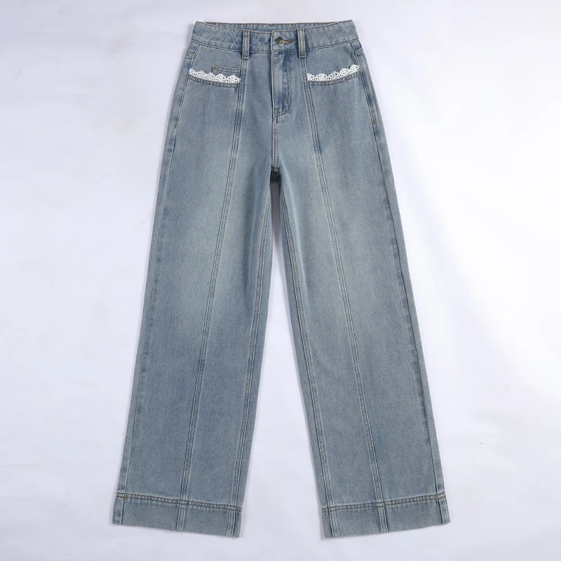 AZN浪漫有约，最新款蕾丝花边宽松阔腿直筒牛仔裤女显瘦韩版拼接款