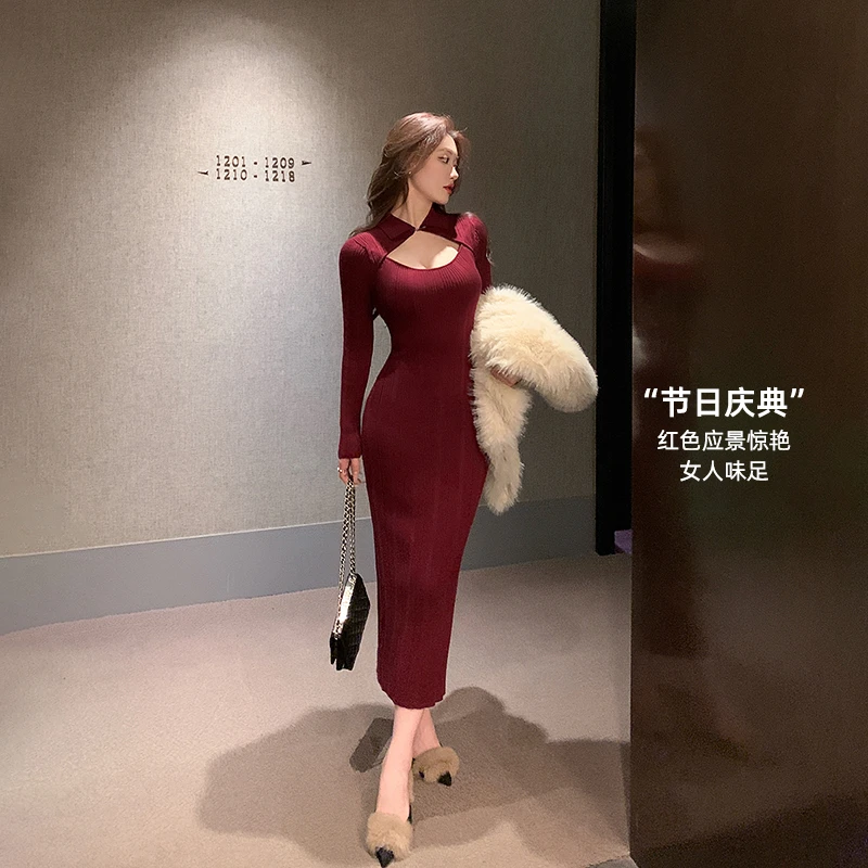 林关关【朱纱女主】轻熟性感女包臀裙假两件镂空修身长袖红色连衣裙