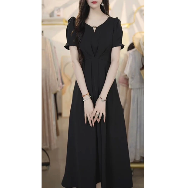 L5310法式轻奢纯色高腰显瘦A字裙女2025夏季新款高级感短袖连衣裙