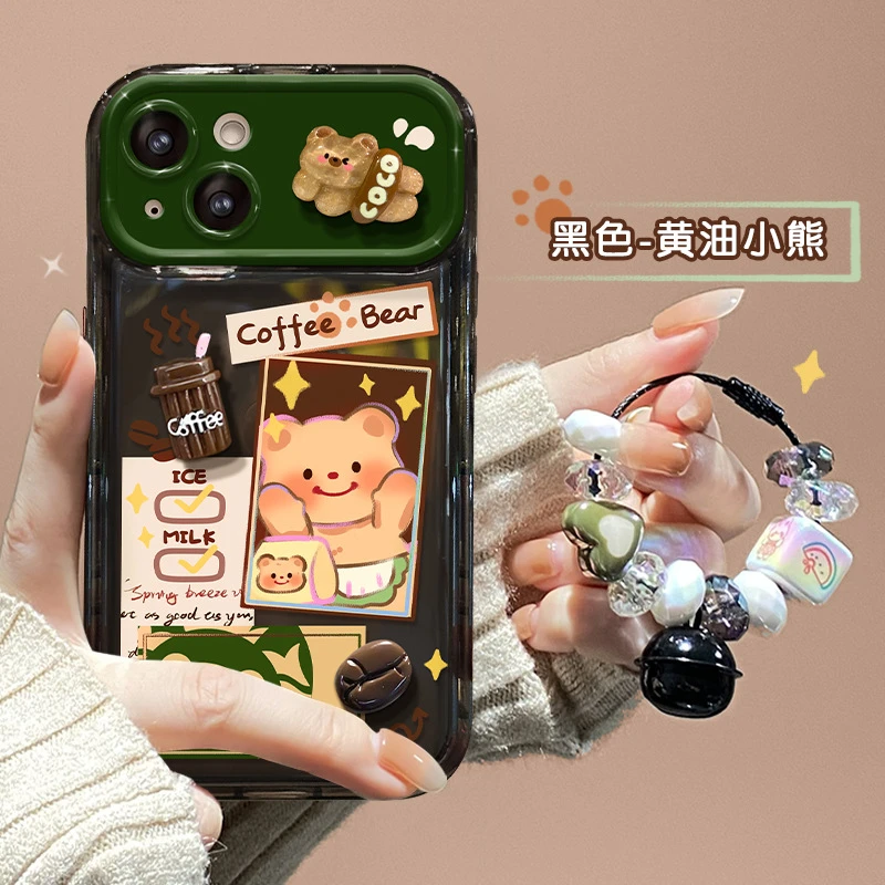 黄油小熊公仔挂坠适用苹果15promax手机壳iphone14翻盖镜子xs透明