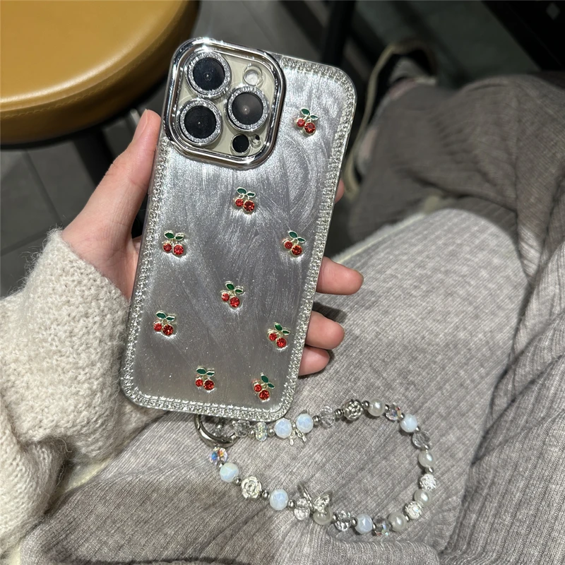轻奢ins高级感钻边樱桃手机壳适用苹果17创意华为oppo小米vivo女